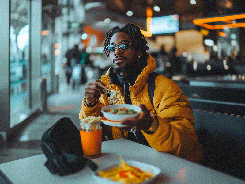 A stylish traveler in sunglasses and a yellow jacket eats a meal at a dining area in Johannesburg's O.R. Tambo Airport. He holds a bowl of food while seated at a table with fries, a drink, and his bag in the foreground. Bright airport lights and people walking in the background create a bustling atmosphere. Exploring food options is one of the things to do during a layover at Johannesburg's O.R. Tambo Airport