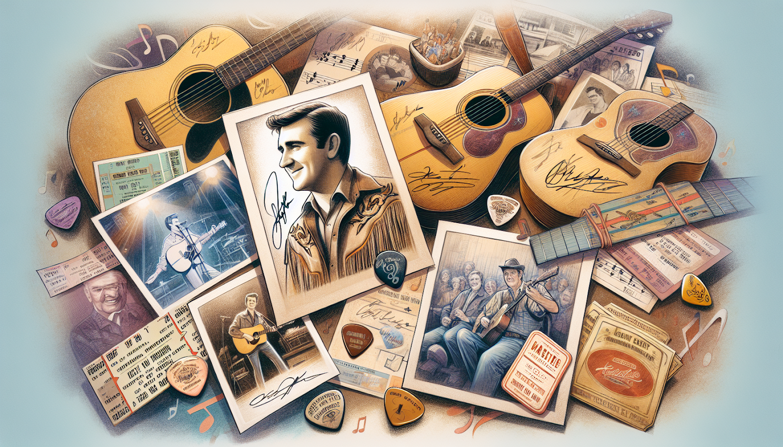 A collection of Eric Church memorabilia, including signed autographs.