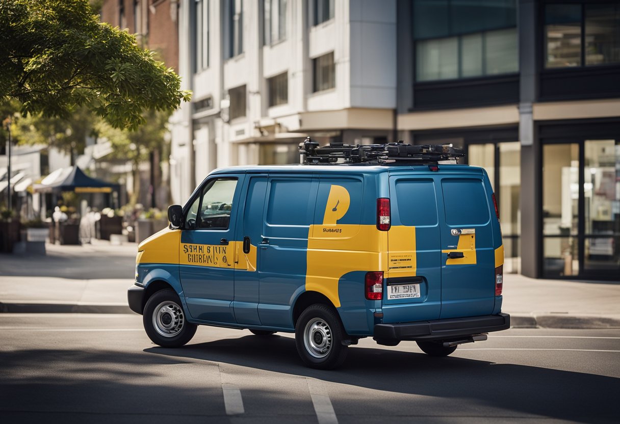 A service van parked in front of a local business, with a GPS map showing the business location and surrounding area