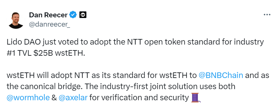 Lido Dao Voted to adopt NTT open token standards