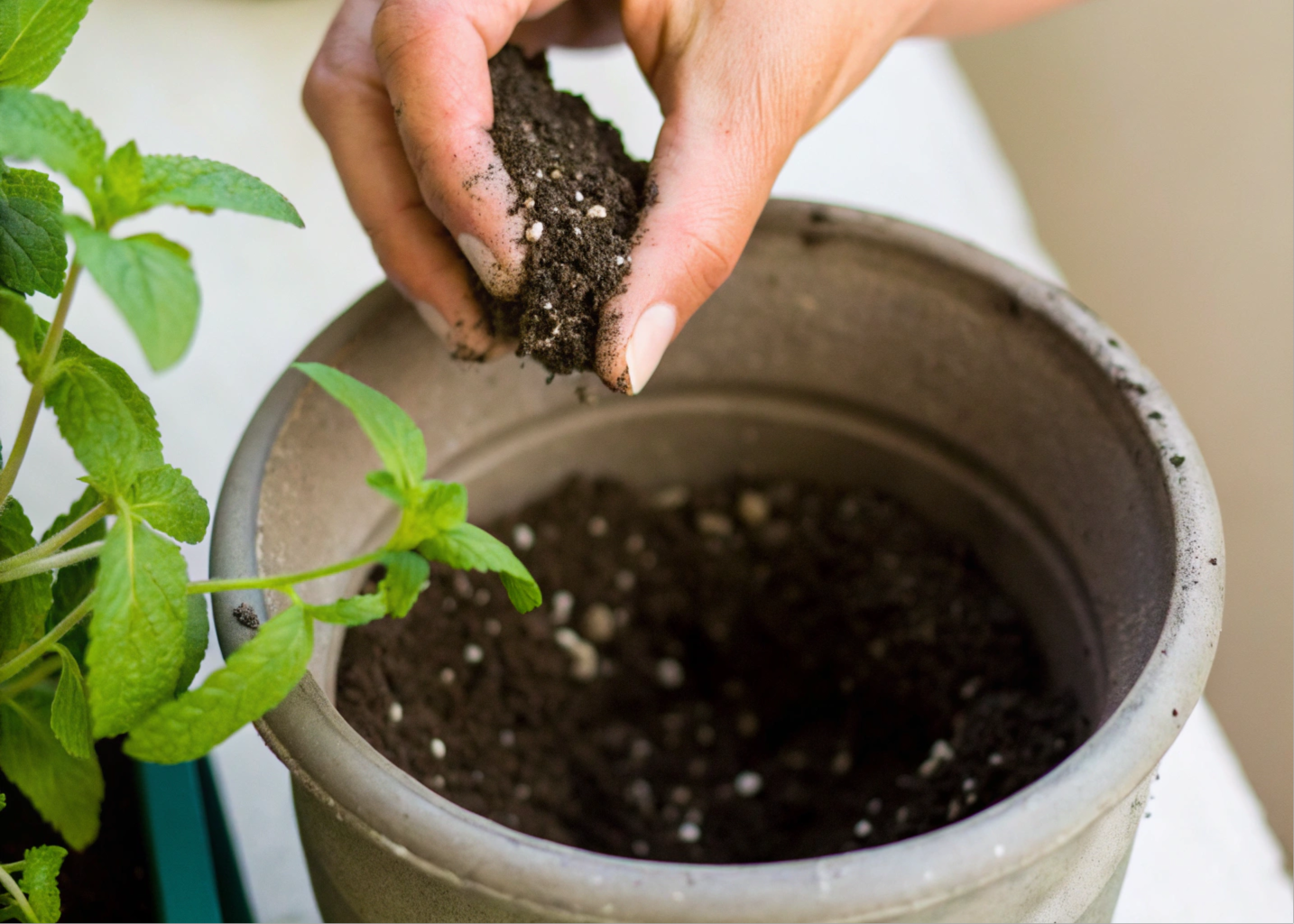 Pessoa colocando solo orgânico em um vaso para plantar hortelã, enfatizando o cuidado na escolha do solo.