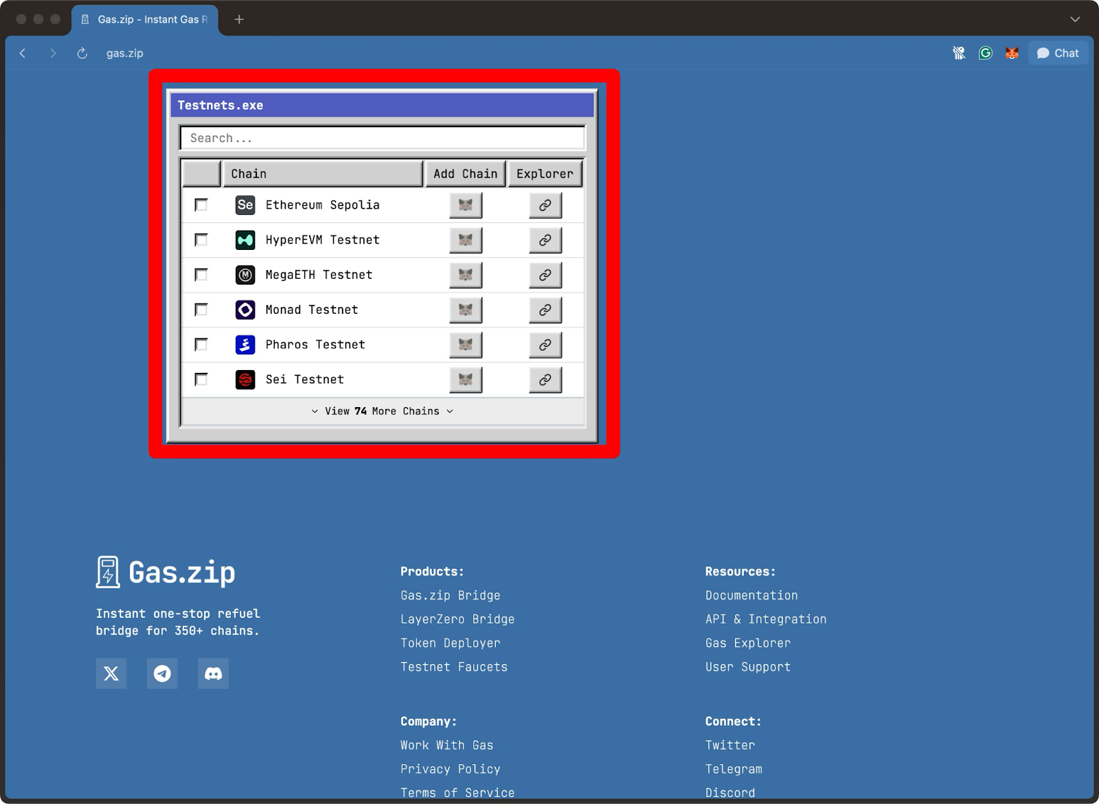 Gas.zip interface displaying Testnets.exe module with a list of supported testnets including Ethereum Sepolia, HyperEVM, Monad, and Sei, with options to add chains or view explorers