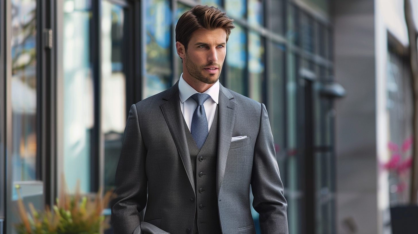 Man in a classic fit suit with a traditional, roomy cut, relaxed yet professional style, suited for long wear or conservative taste, formal event or office backdrop.