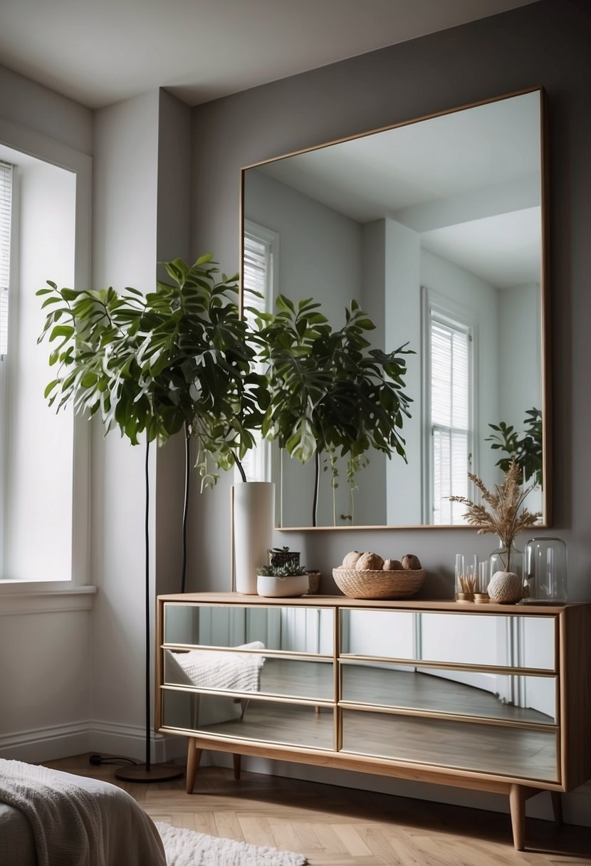 A large statement mirror hangs above a sleek dresser in a modern bedroom, reflecting the stylish decor and creating a sense of space and light