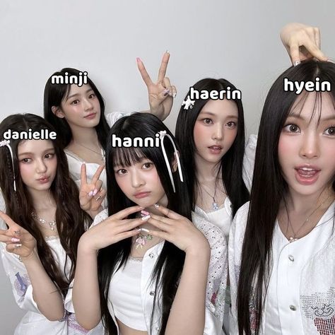 This contain an image of  NewJeans five members - Minji, Hanni, Danielle, Haerin, and Hyein 