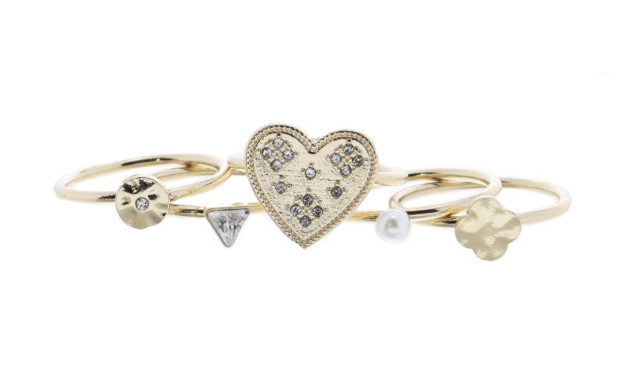 Set of 5, Heart with Crystals and Coordinating Gold Rings $26.60 $38.00 (30% OFF)