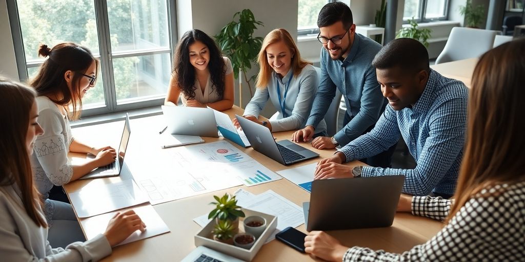 Team collaborating on project management in a modern office.