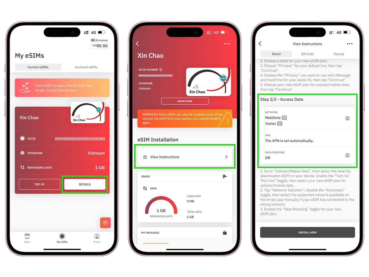 A smartphones showing the different settings of the app Airalo