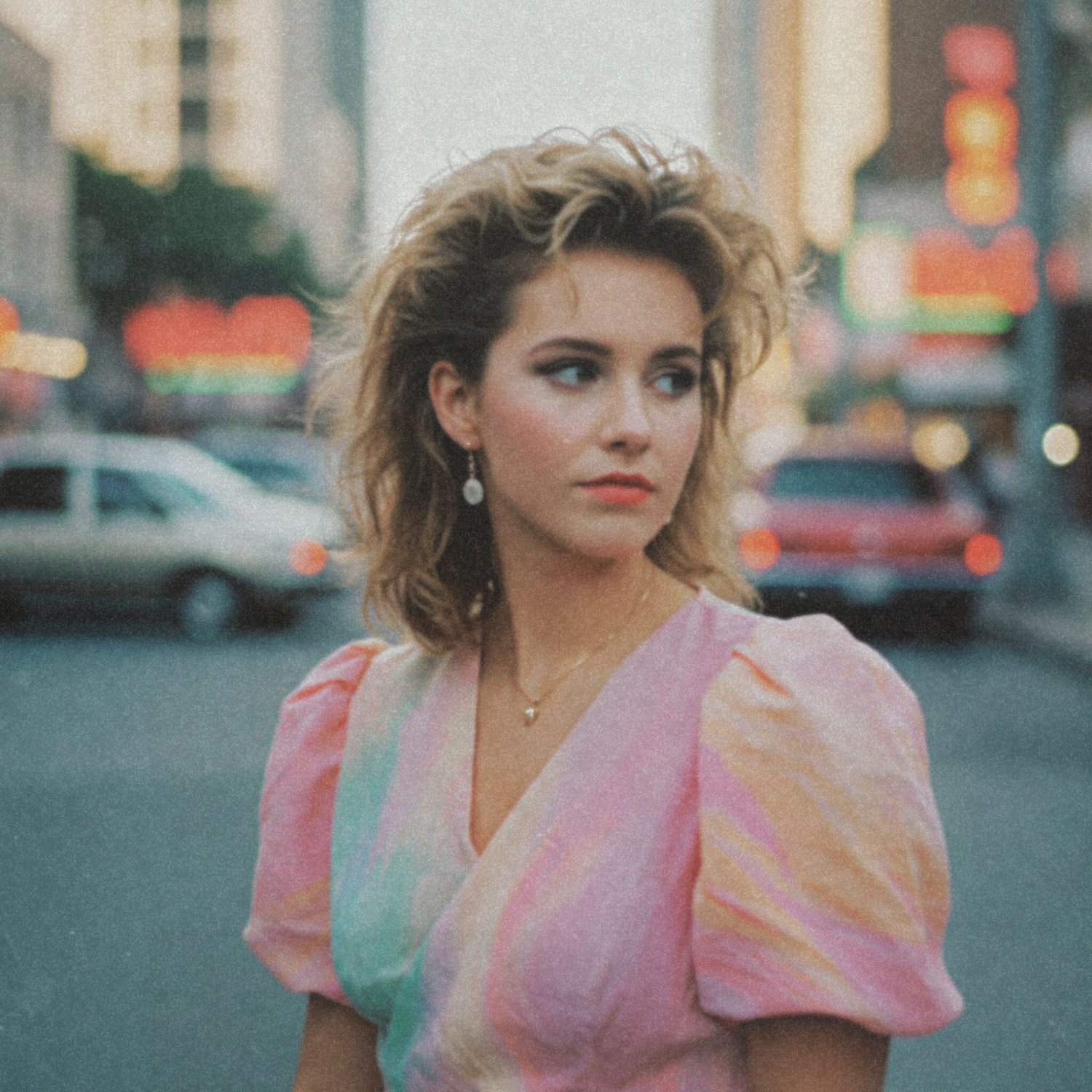 A portrait of a woman with a 1980s setting