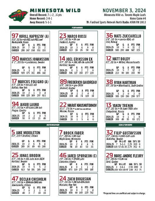 Minnesota Wild Lineup vs the Toronto Maple Leafs - November 3rd, 2024