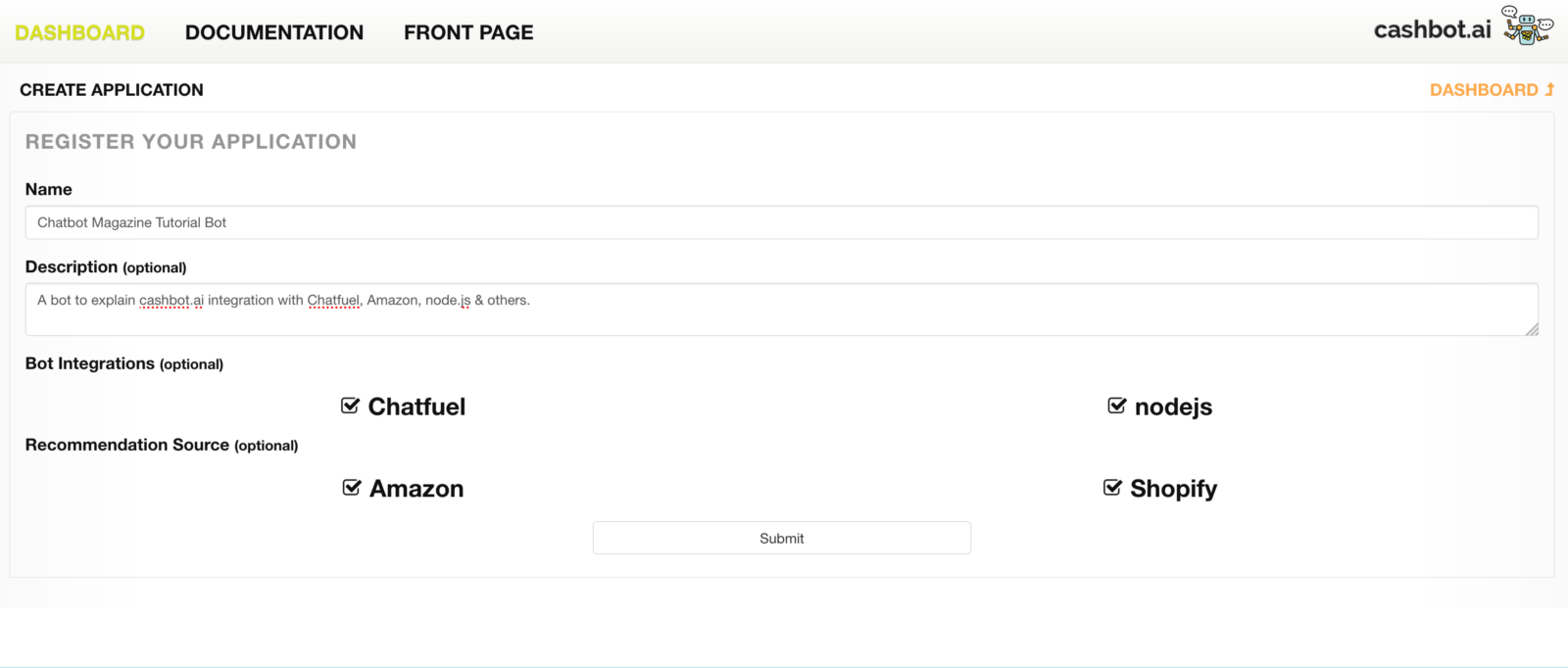 Figure 1. Nommez votre chatbot, incluez éventuellement les intégrations et les sources de recommandations.