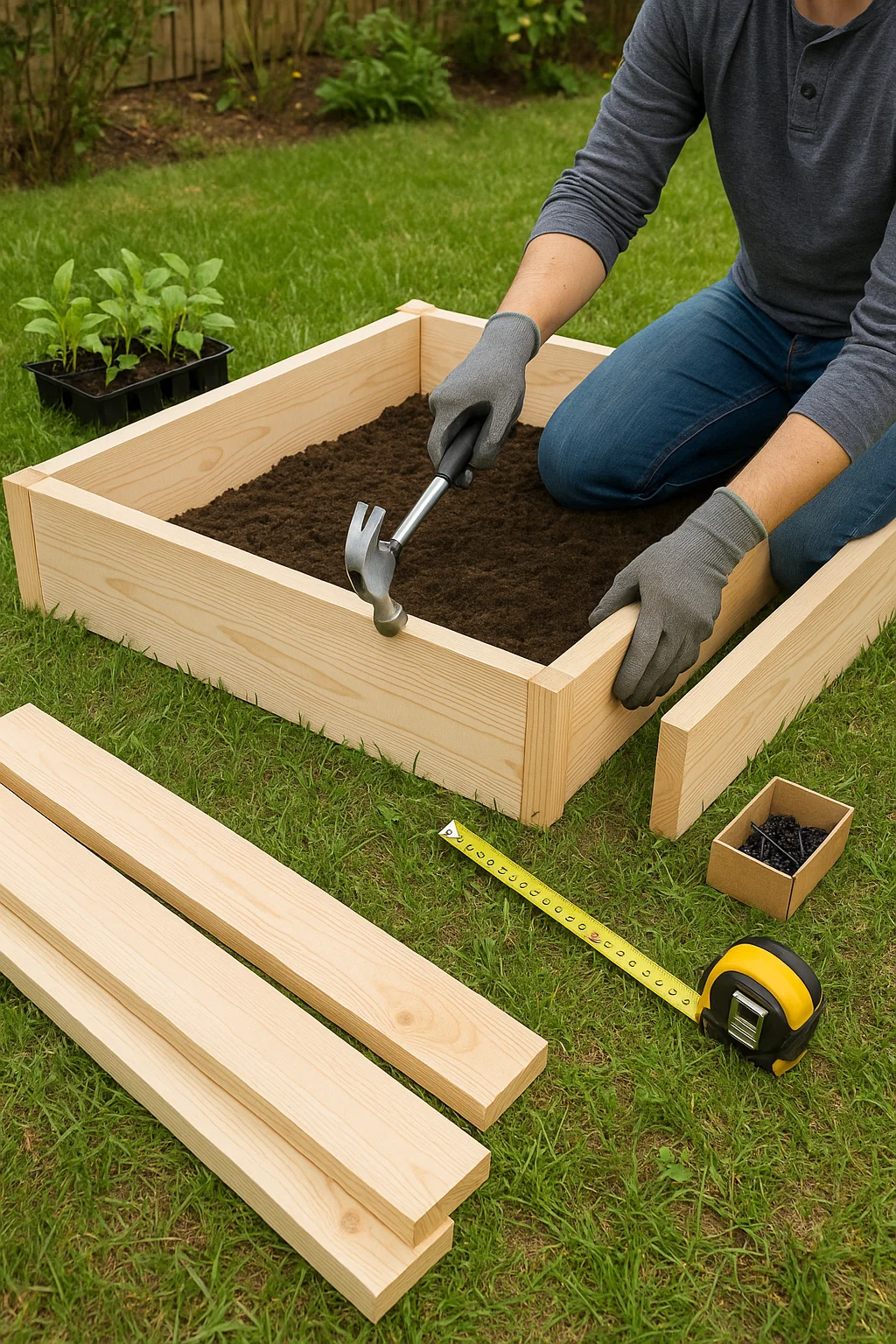 A step-by-step visual scene of building a wooden raised seed bed in a backyard or garden. The image shows lumber, a hammer, screws, a measuring tape, and soil being added into a partially constructed raised bed. A person is in the process of assembling the frame, with young plants or seedlings nearby, ready to be planted. The setting is bright and instructional, evoking a DIY, hands-on gardening project.