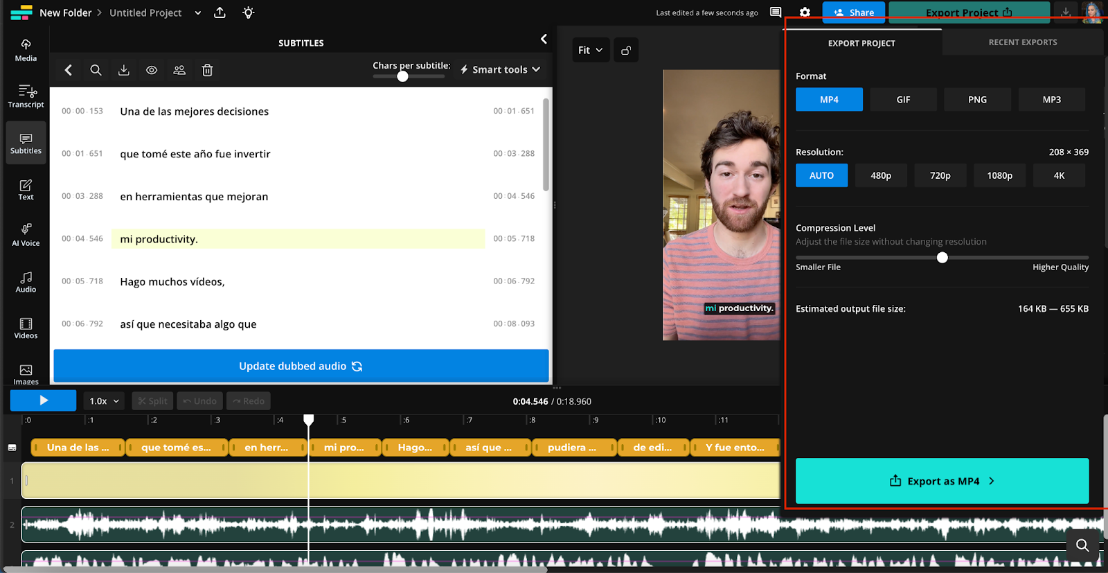 A red box highlights Kapwing's video export options, including format, resolution, and compression level. A button at the bottom says "Export as MP4."