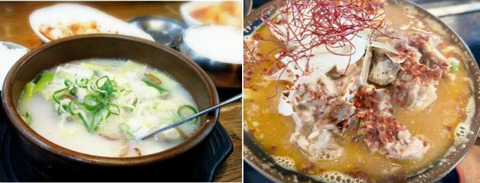 ソルロンタン＆牛骨スープ.jpg: ネギが添えられたソルロンタンと、唐辛子などが乗った牛骨スープの写真。