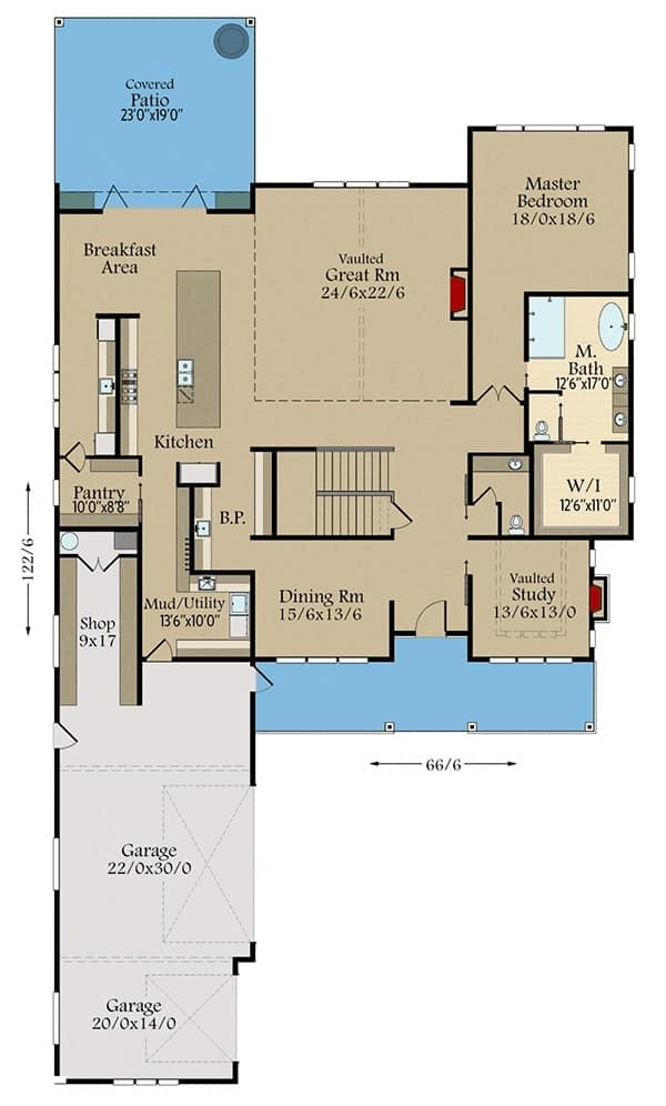 This is the main level floor plan of the two-story Farmhouse-style home with a three-car garage and a large covered patio on the opposite end.