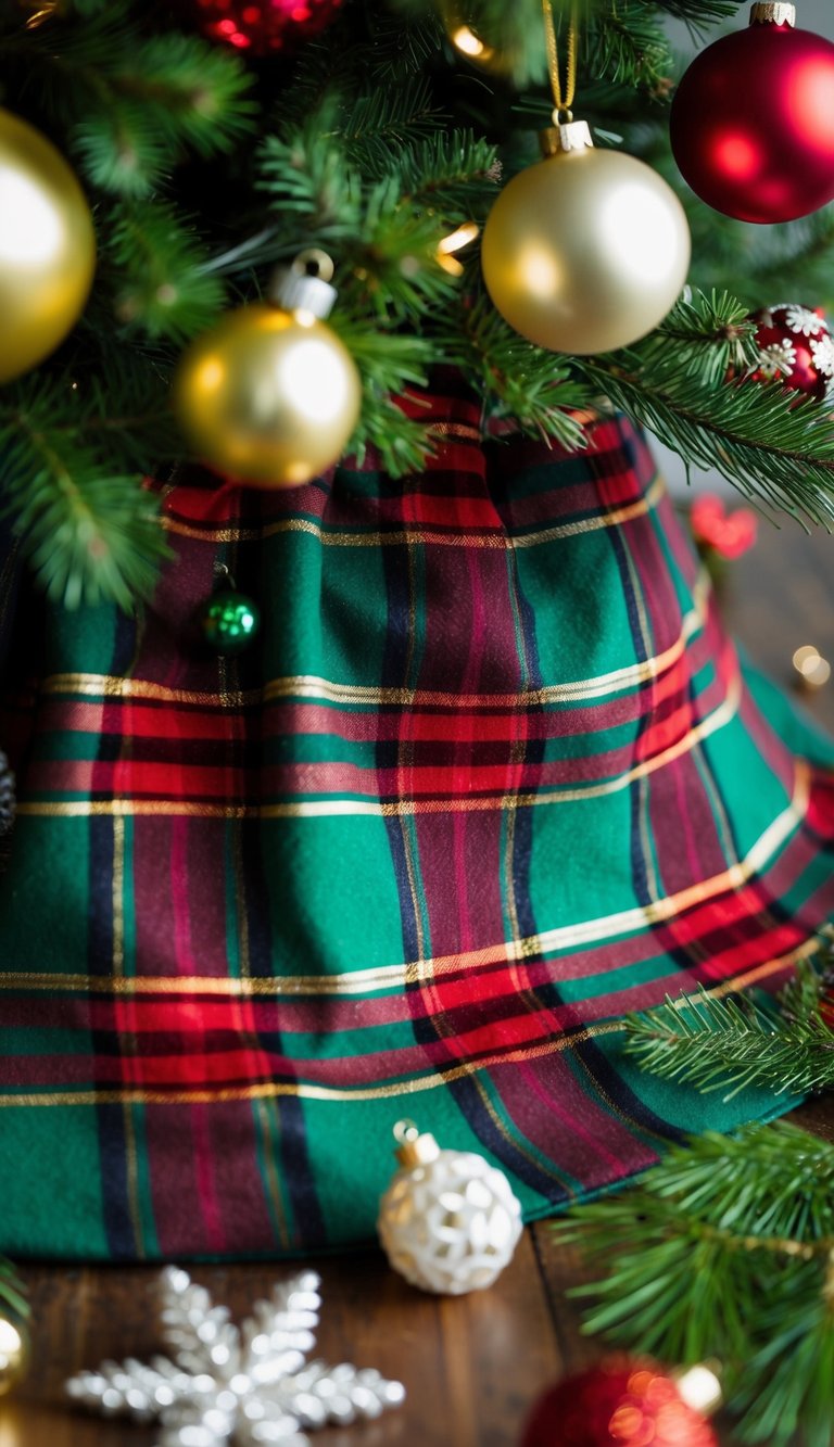 A plaid Christmas tree skirt surrounded by various festive decorations and ornaments