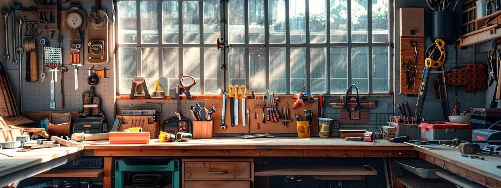 Workshop interior with organized tools on pegboard, wooden workbench, and natural light filtering through windows, illustrating a professional setting for DIY fencing projects and maintenance.