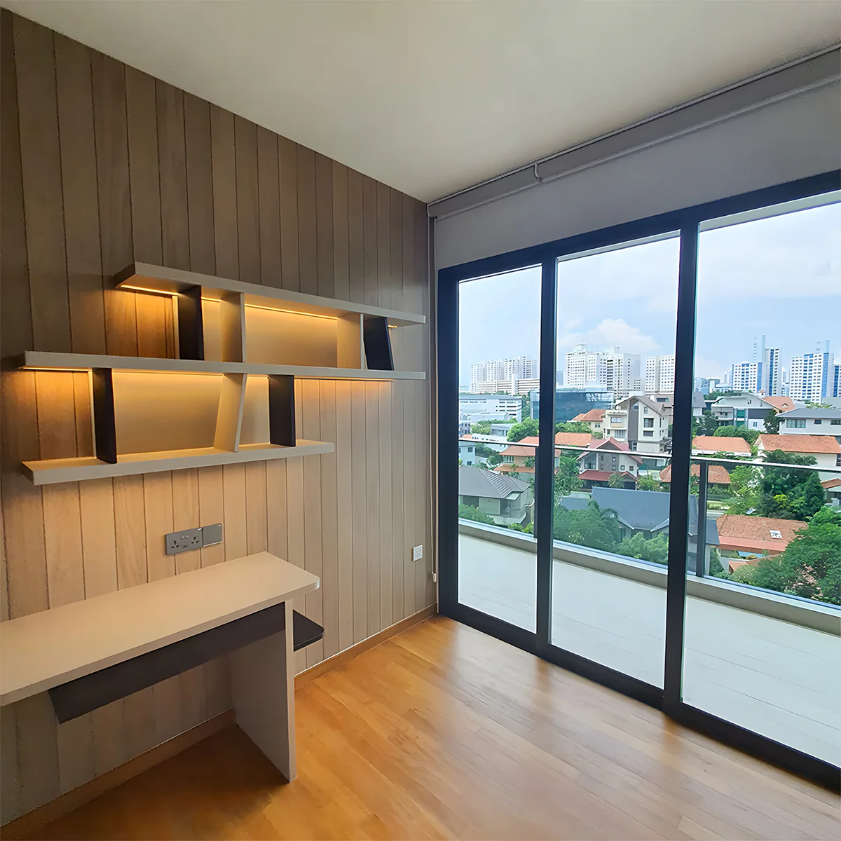 hardwood panel wallpaper with shelves