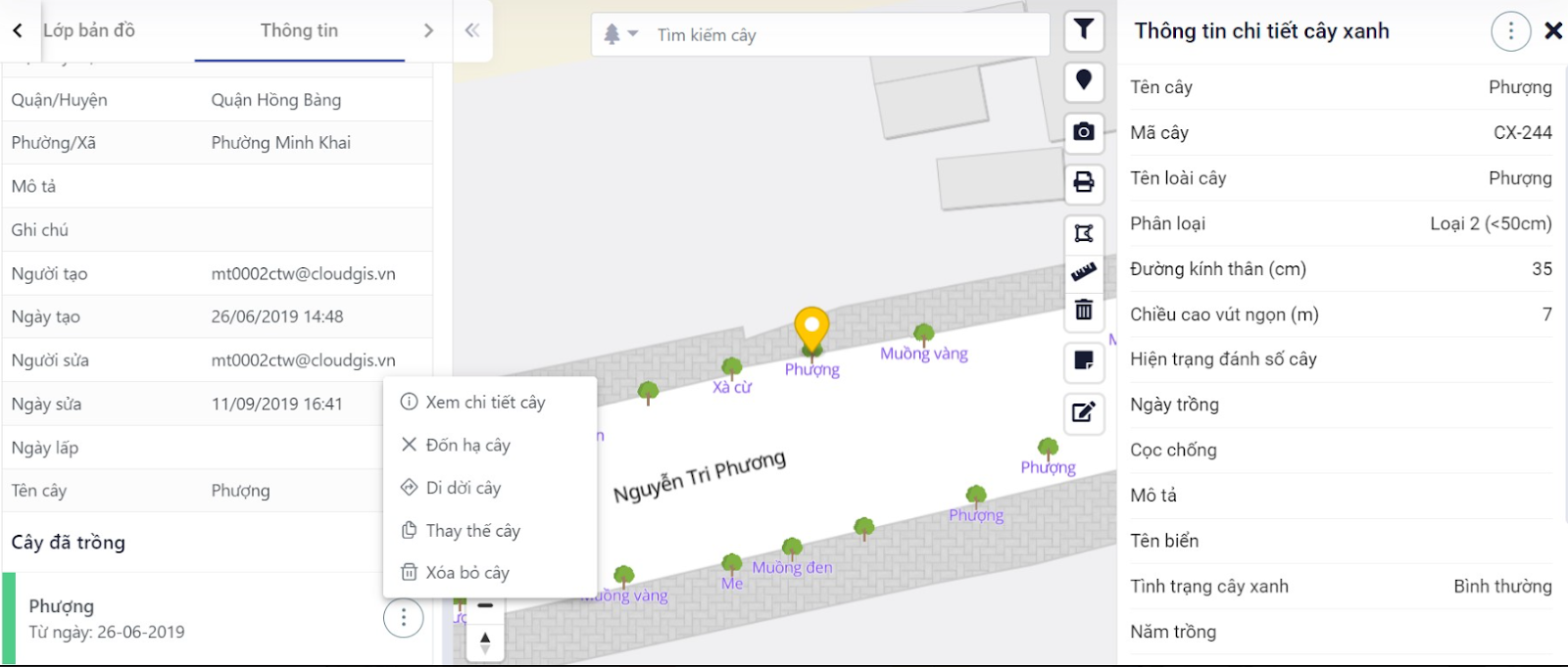 Thông tin cây xanh trên bản đồ
