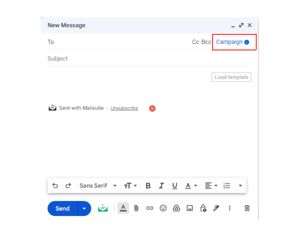 How to Mail merge with CC or BCC using Mailsuite: Click campaign in the Compose window to Start a Mailsuite campaign 