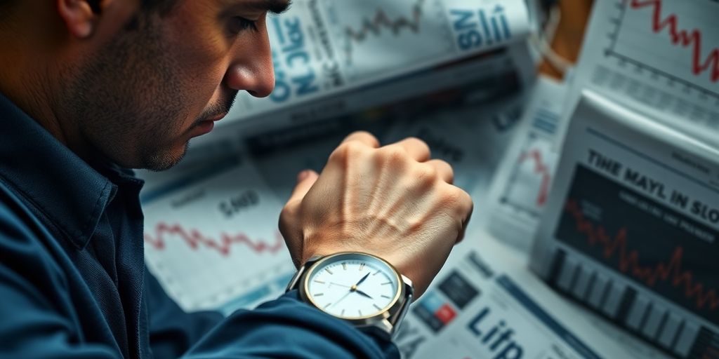 Person checking watch with financial newspapers nearby.