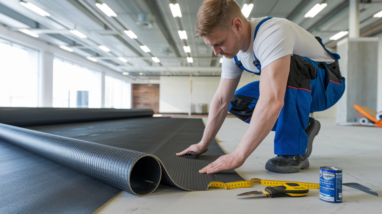 Create a realistic image of a white male contractor installing black rubber flooring rolls in a commercial gym space, kneeling with tools nearby including a utility knife, adhesive, and measuring tape, with partially unrolled rubber material showing the installation process, bright overhead lighting highlighting the clean, professional installation technique.