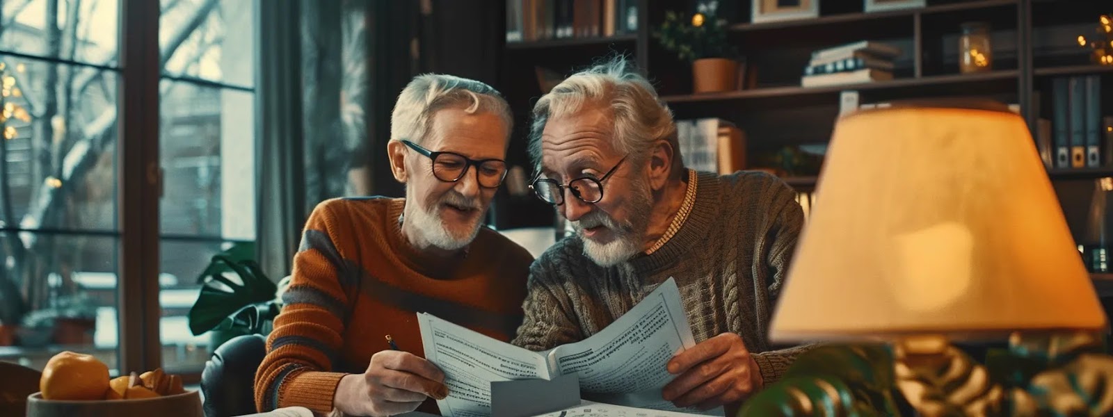 a senior couple smiling happily as they review financial documents with a financial advisor in a cozy office setting.