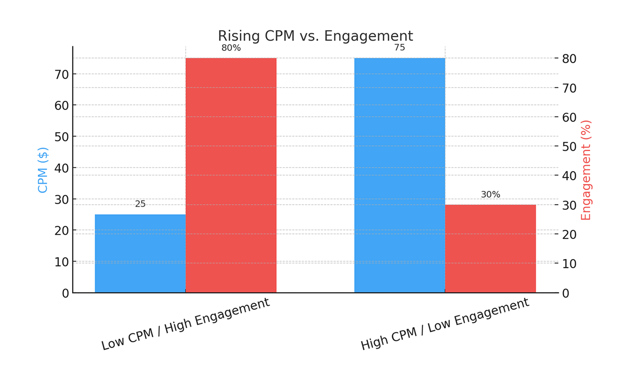 Bar chart showing how Facebook ads CPM can rise while the engagement declines 