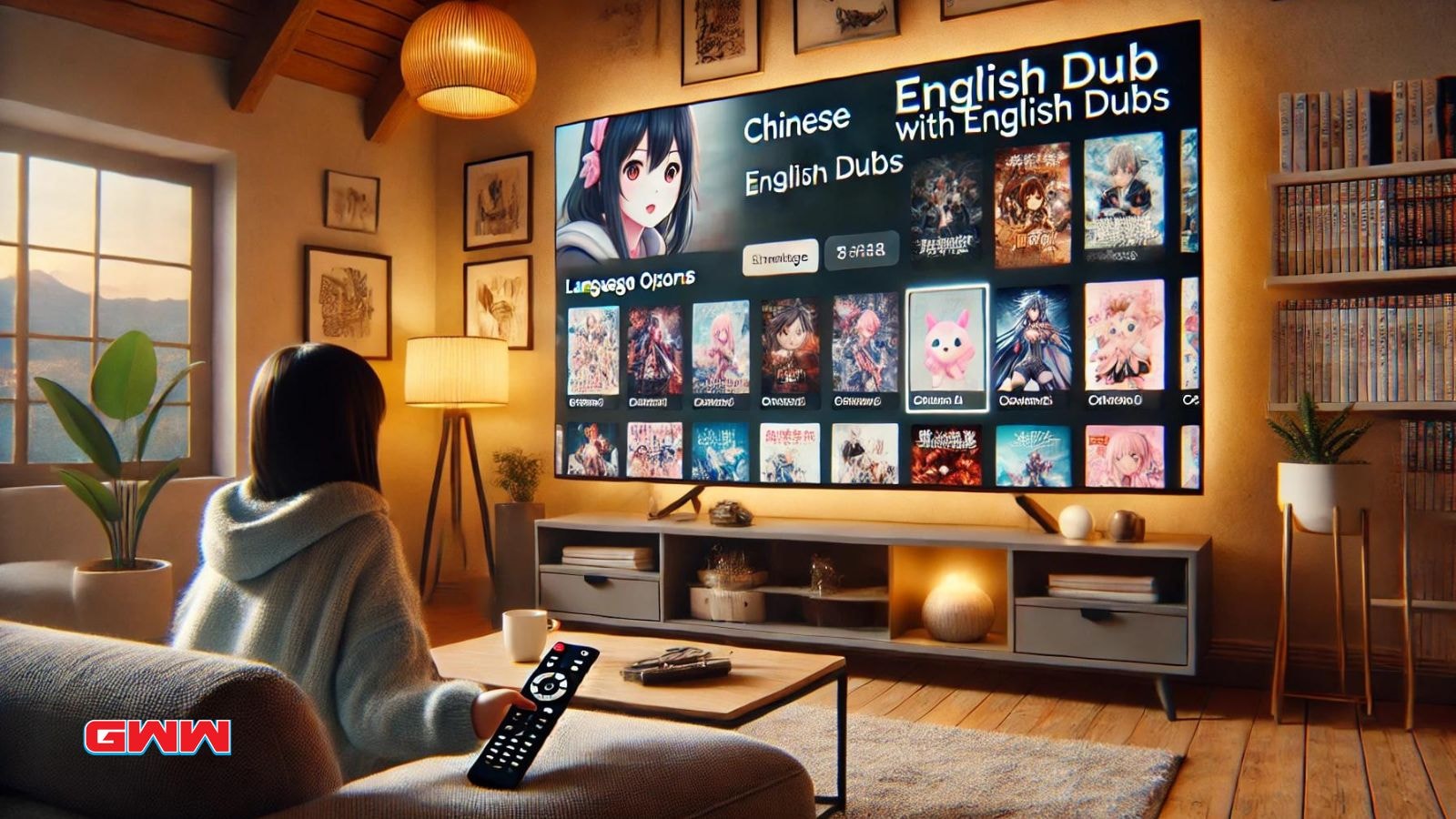 A cozy living room scene where someone is browsing a streaming service on a large TV.