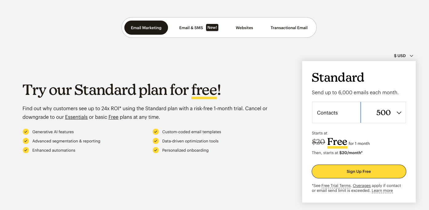 Pricing plans of Mailchimp