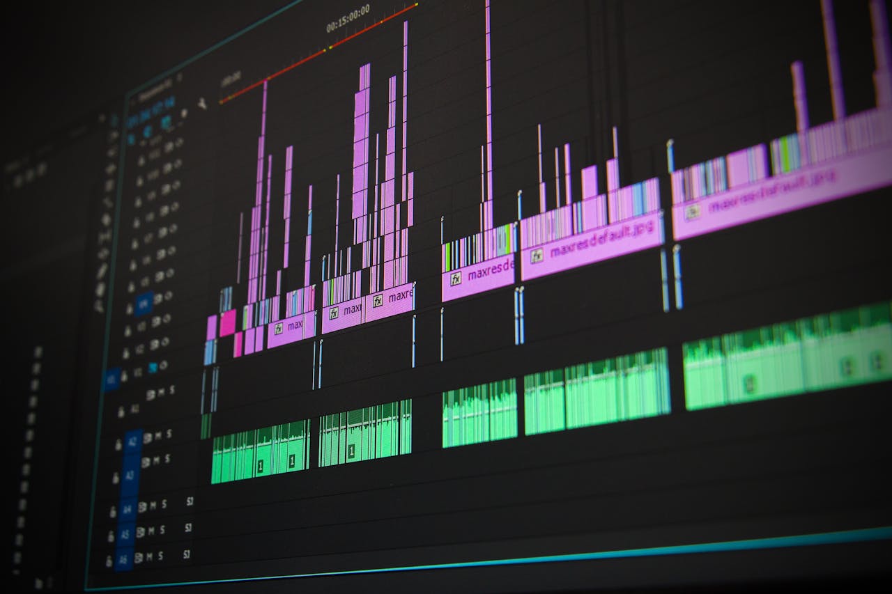 A computer screen displaying a digital audio workstation (DAW) with colorful waveforms and sound editing tools, representing the process to create AI music.