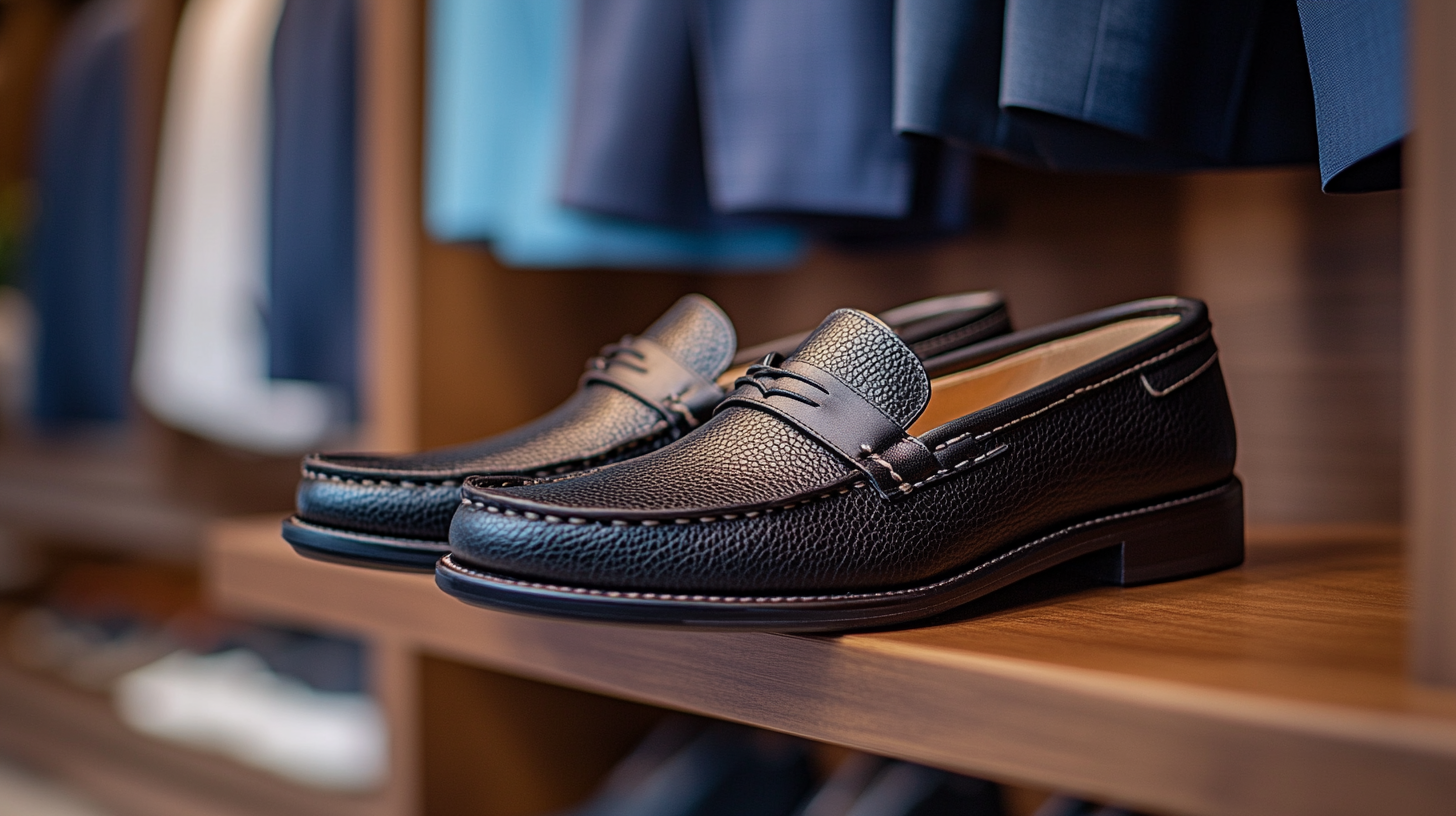 A pair of casual black loafers placed on a shelf, with light and pastel blue suits hanging in the background, creating a relaxed and airy atmosphere.