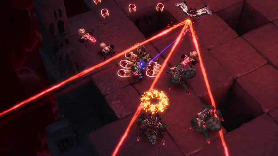 Many enemies shooting bullets and lasers all over the arena