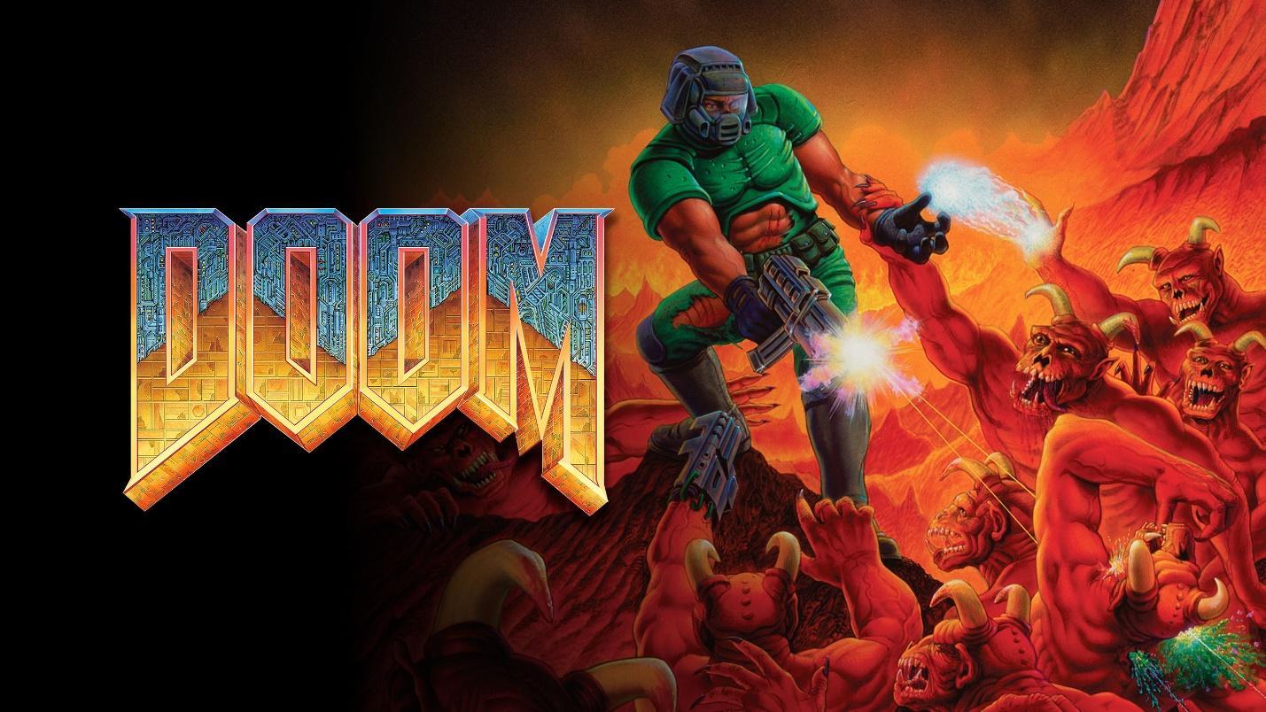 The Official Image of DOOM (1993) with the Doom Slayer battling demons, one of the best retro games on Steam
