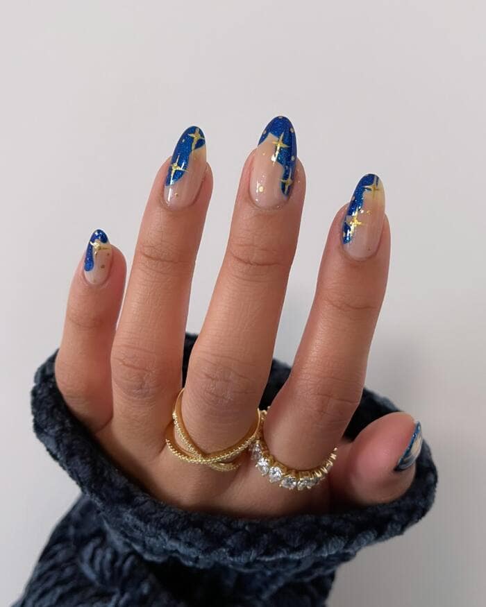 Hanukkah Nail Designs - Blue Swirls With Gold Stars