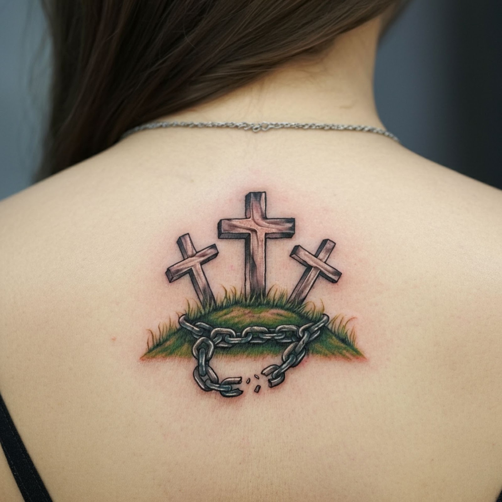 Three Crosses on a Hill with a Broken Chain Tattoo