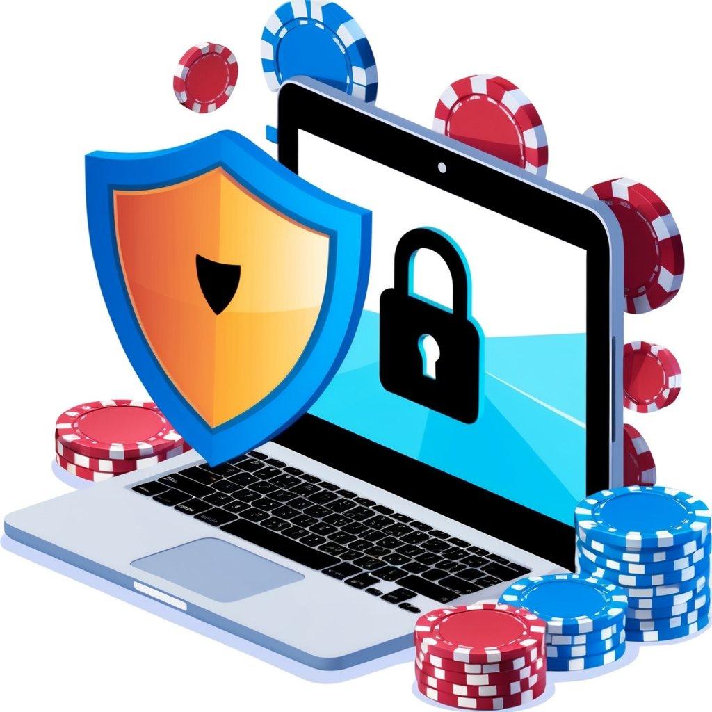 A laptop with a padlock symbol on the screen, surrounded by casino chips and a virtual shield representing VPN protection