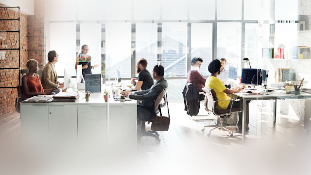 An open-plan office with workers