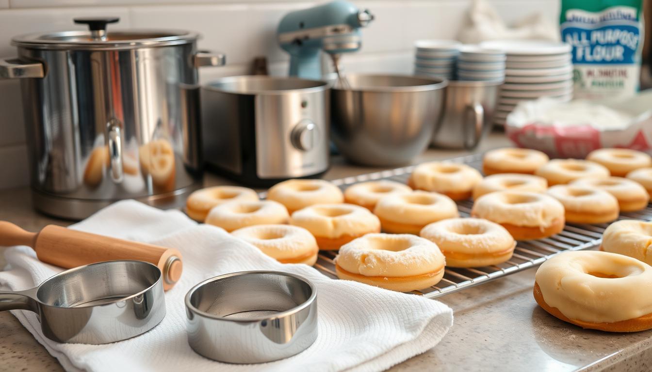 Homemade white donuts equipment