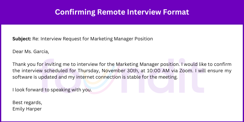 Email confirming virtual interview for the Marketing Manager role