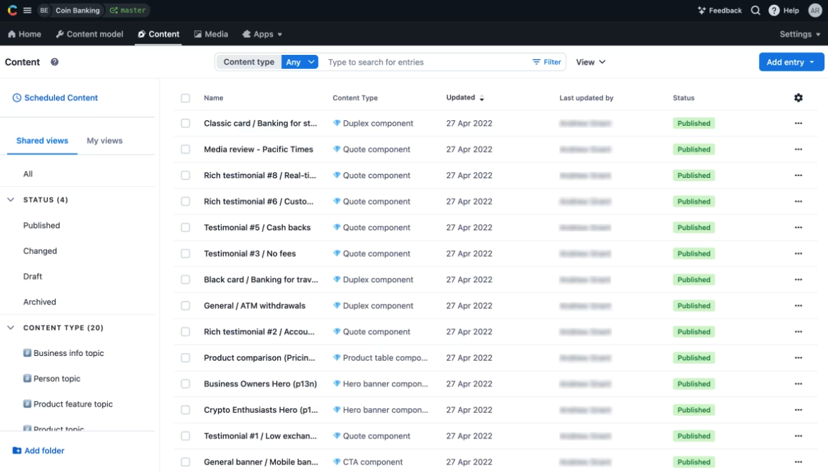 Contentful dashboard of published content 