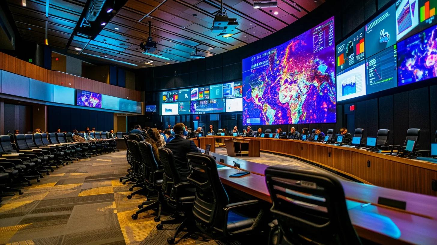 a dynamic urban conference room filled with diverse professionals engaged in a collaborative discussion, surrounded by digital screens displaying cms features and analytics to emphasize the importance of informed decision-making for business growth.