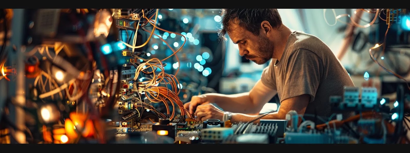 a close-up shot of a technician comparing cat5e and cat6 cables, surrounded by network equipment and tools.