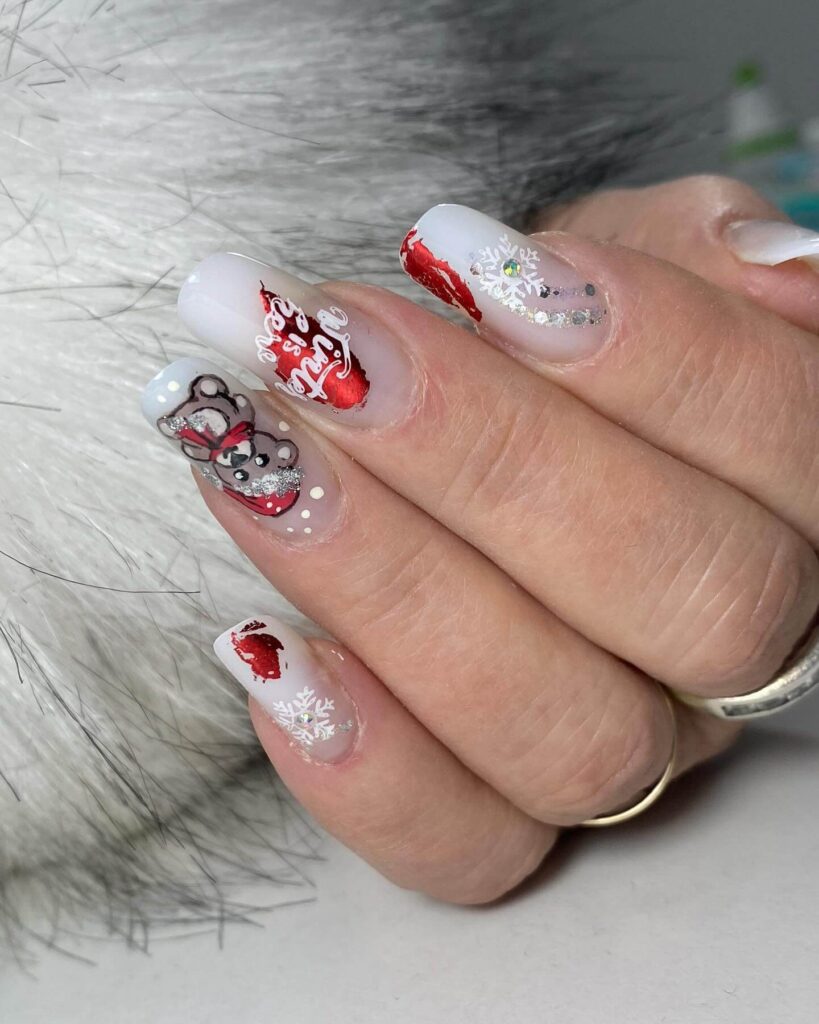 Festive Christmas nail designs featuring red and green nails with glitter accents, snowflakes, and holiday-themed nail art.