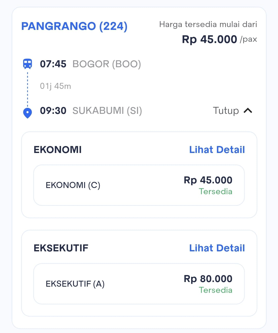 Harga Tiket KA Pangrango (224)  Bogor (BOO) — Sukabumi (SI)
