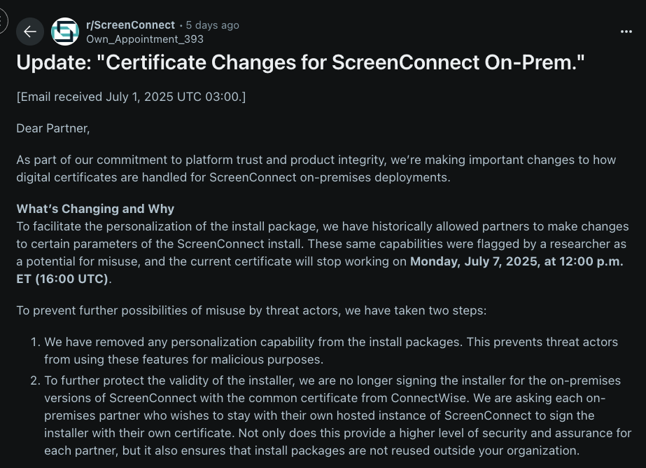 Connectwise update on ScreenConnect changes.