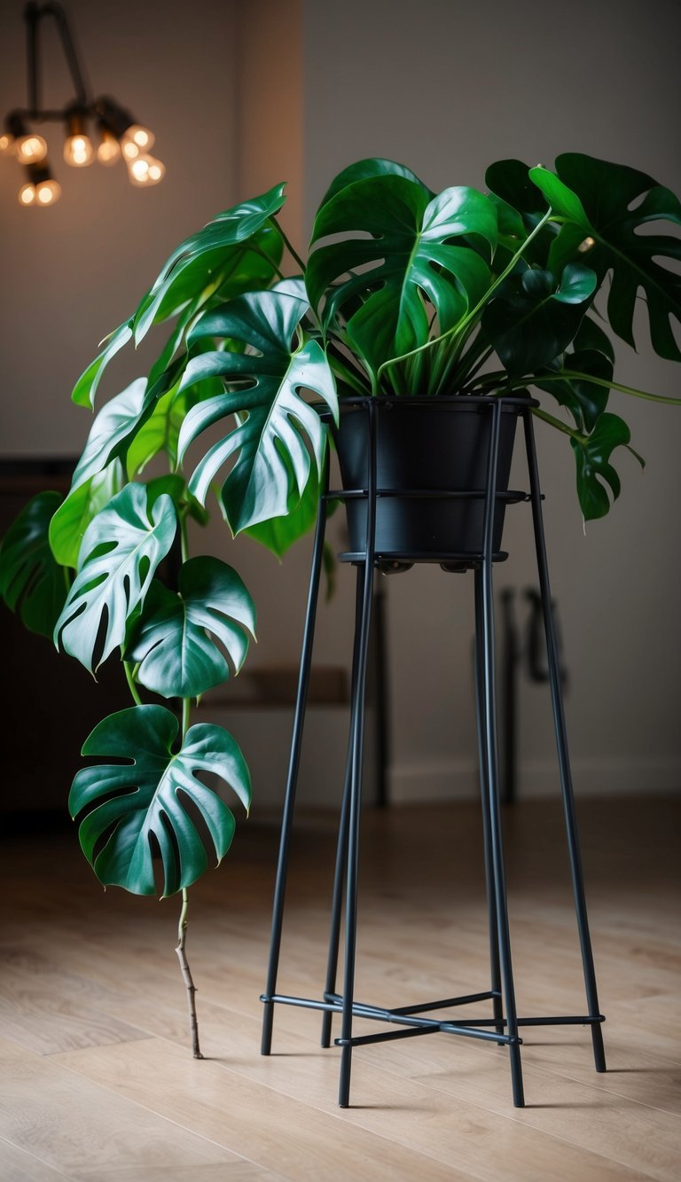 A sturdy metal plant support stands next to a thriving Monstera plant, with large, glossy leaves cascading outwards