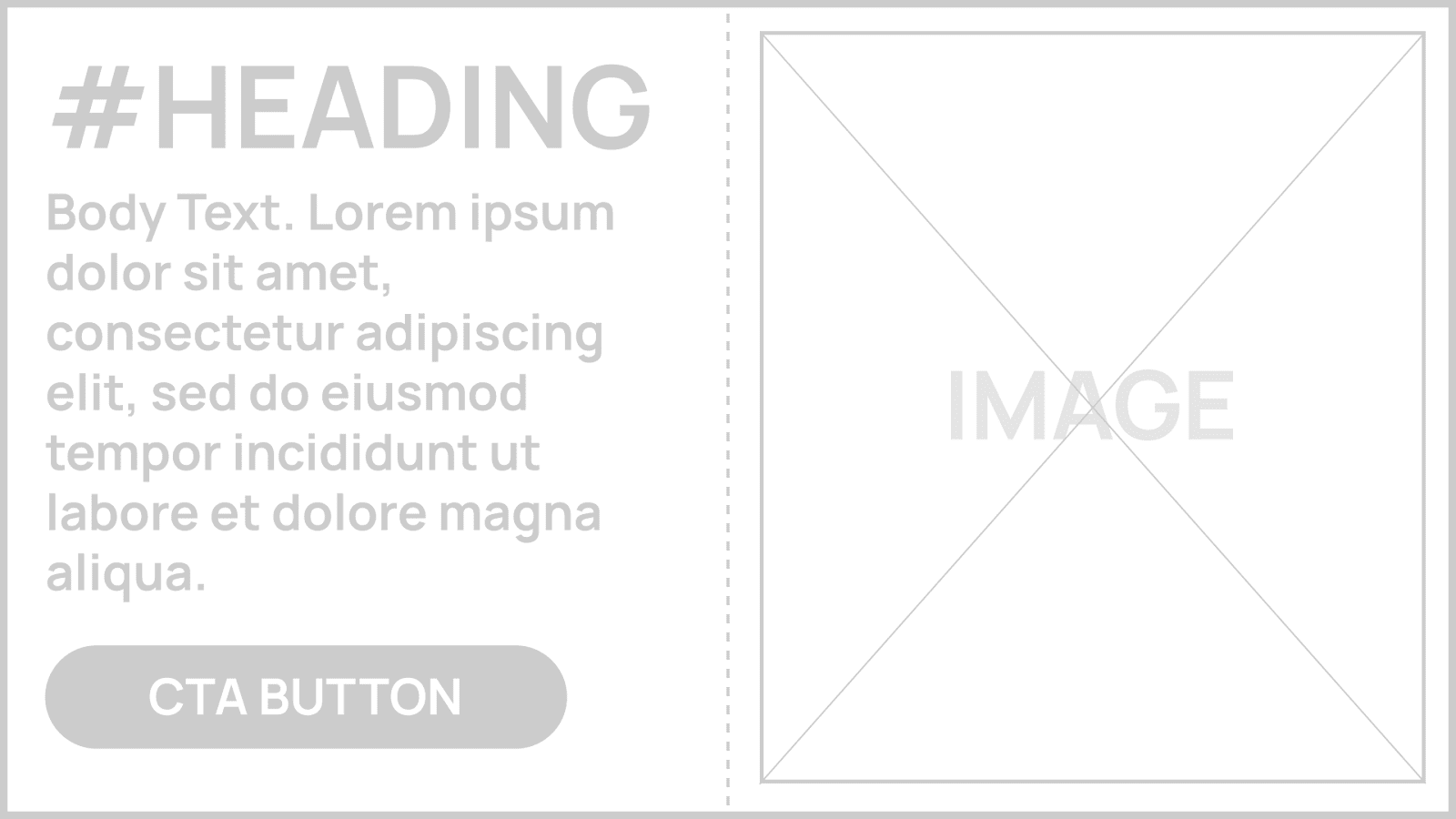 A wireframe mockup of the CTA block we’ll develop in this tutorial. It has a Heading, Paragraph, Button, and Image.