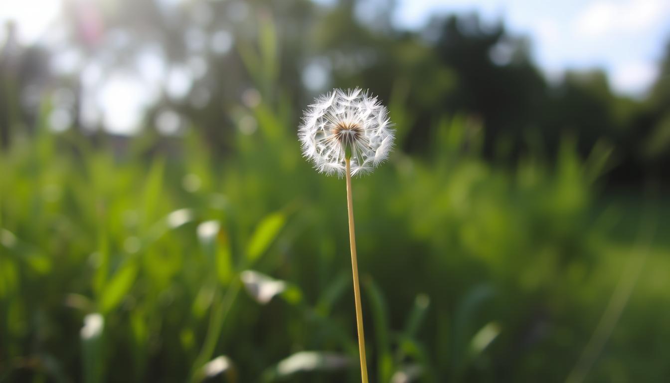 A single dandelion seed floating in the air, surrounded by a blurred background of lush greenery and a bright, hopeful sky.