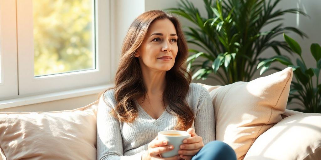 A calm woman enjoying tea in a cozy setting.